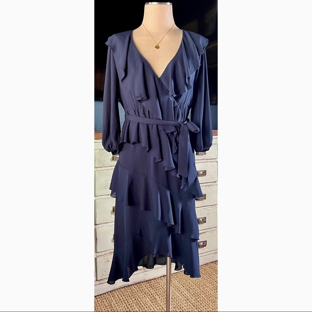 Alice + Olivia Kye Ruffled V-Neck Navy Blue Dress NWT New 0